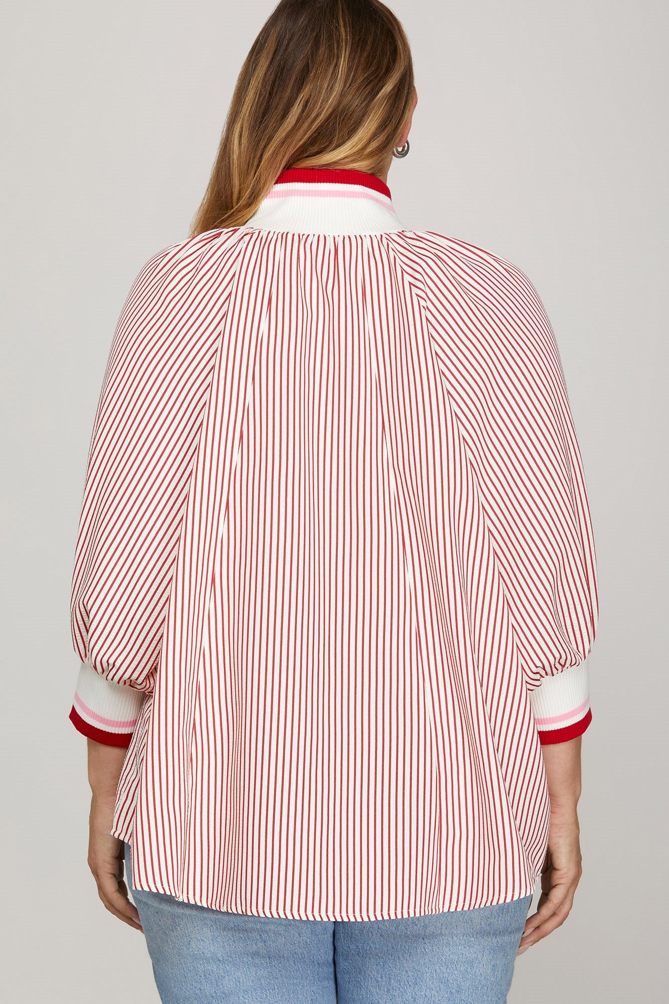 Shemika 3/4 Sleeve Half Zip Striped Top Red