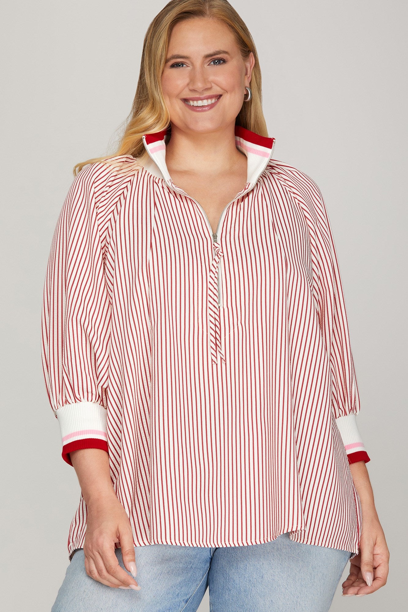 Shemika 3/4 Sleeve Half Zip Striped Top Red