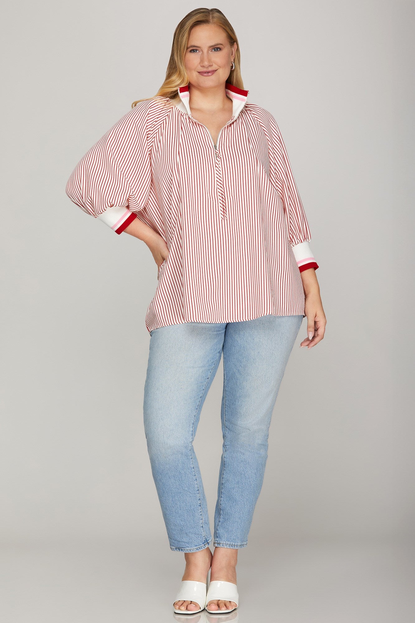 Shemika 3/4 Sleeve Half Zip Striped Top Red