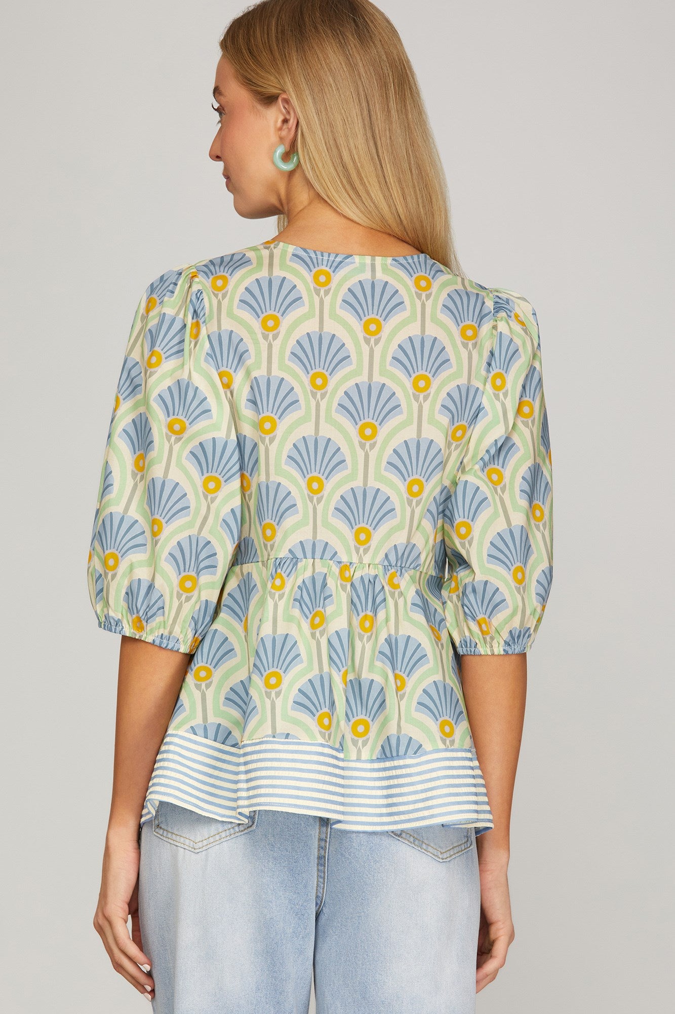 Heather Half Sleeve Woven Print Top Blue