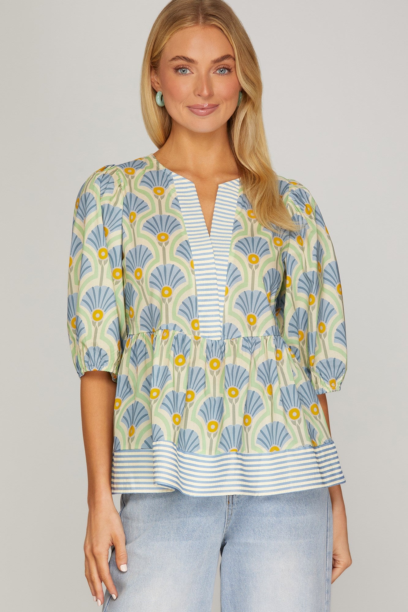 Heather Half Sleeve Woven Print Top Blue