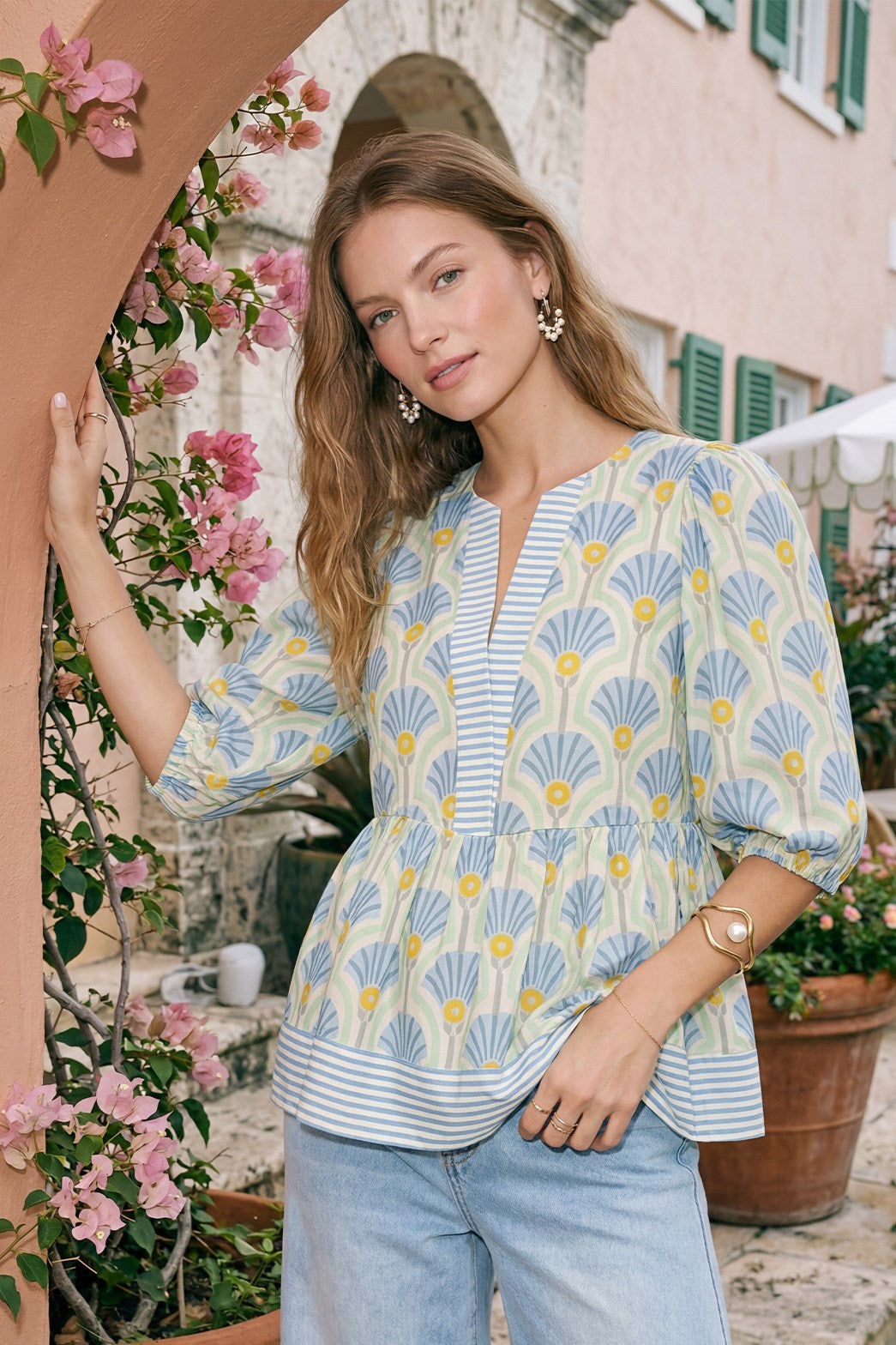 Heather Half Sleeve Woven Print Top Blue