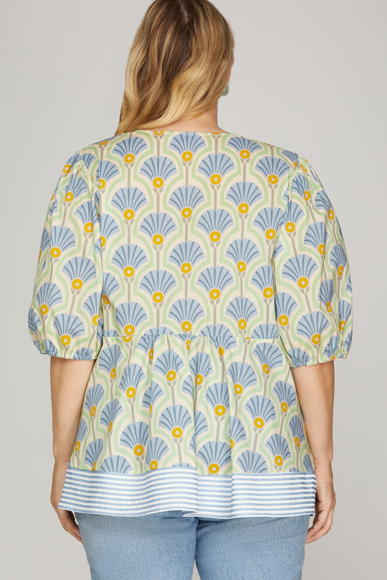 Heather Half Sleeve Woven Print Top Blue