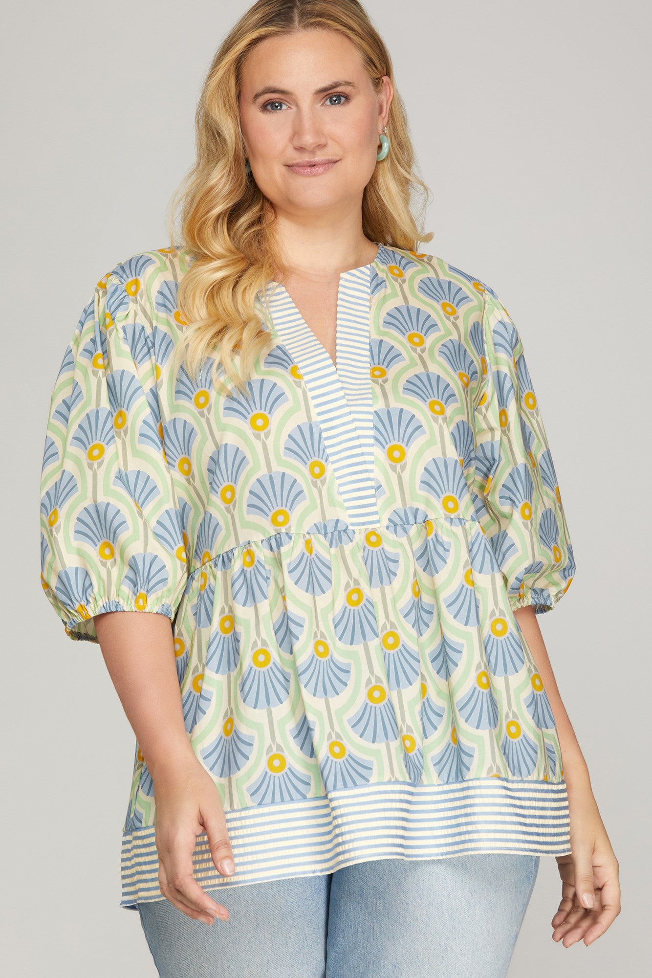 Heather Half Sleeve Woven Print Top Blue