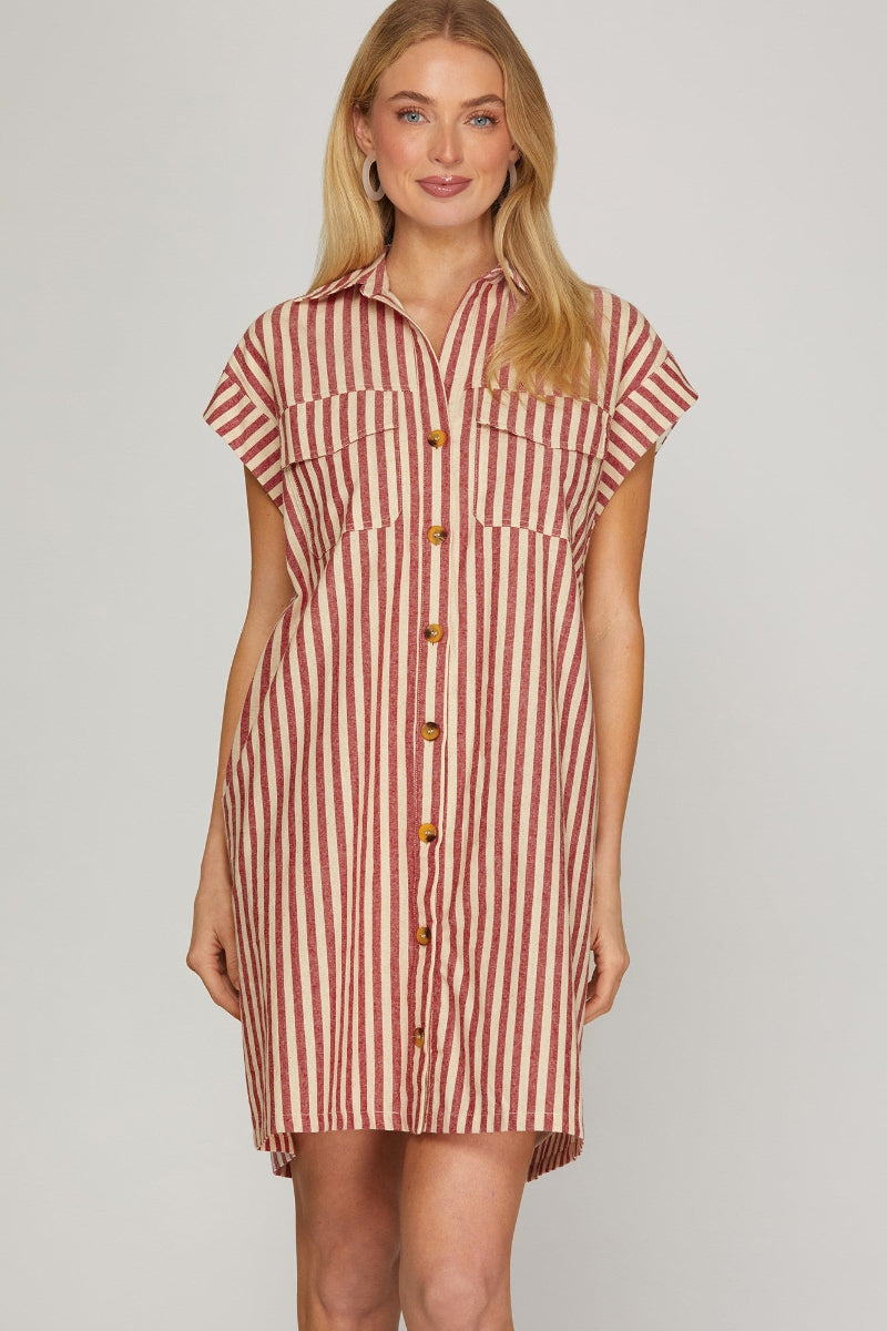 Dawn Collared Button Down Stripe Mini Dress Red