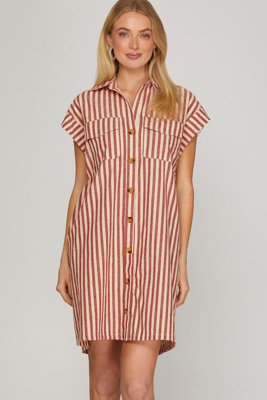 Dawn Collared Button Down Stripe Mini Dress Red