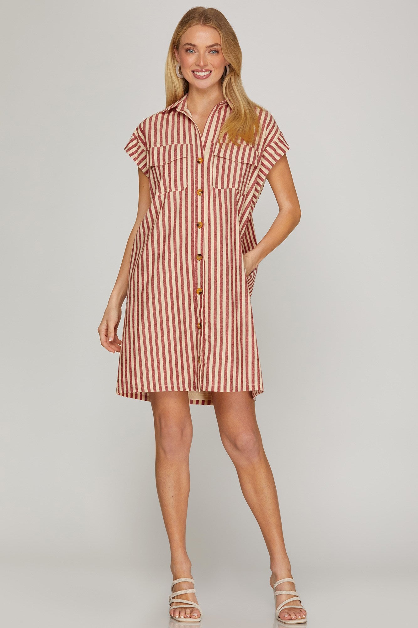 Dawn Collared Button Down Stripe Mini Dress Red