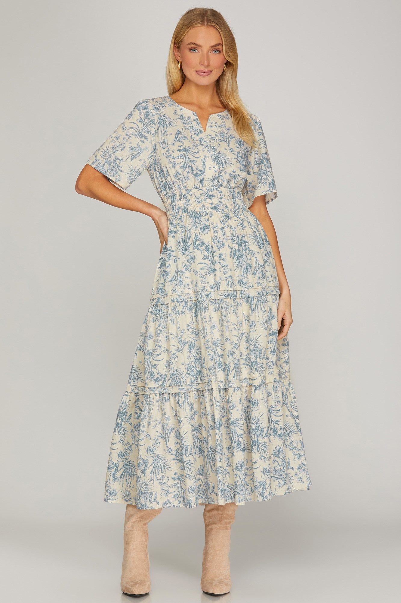 Serenity Short Sleeve Woven V Neck Tiered Midi Dress Blue