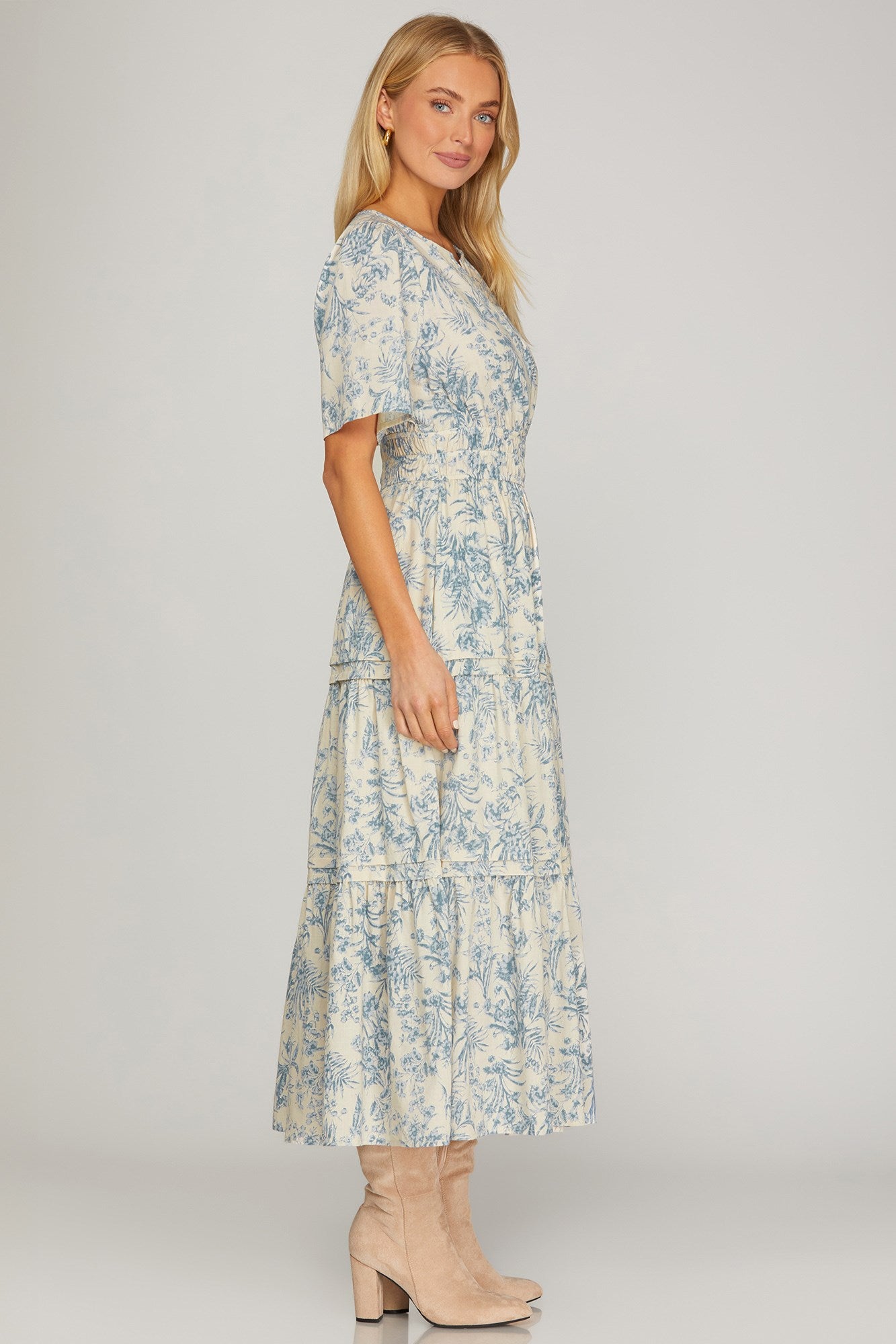 serenity midi dress Serenity Short Sleeve Woven V Neck Tiered Midi Dress Blue
