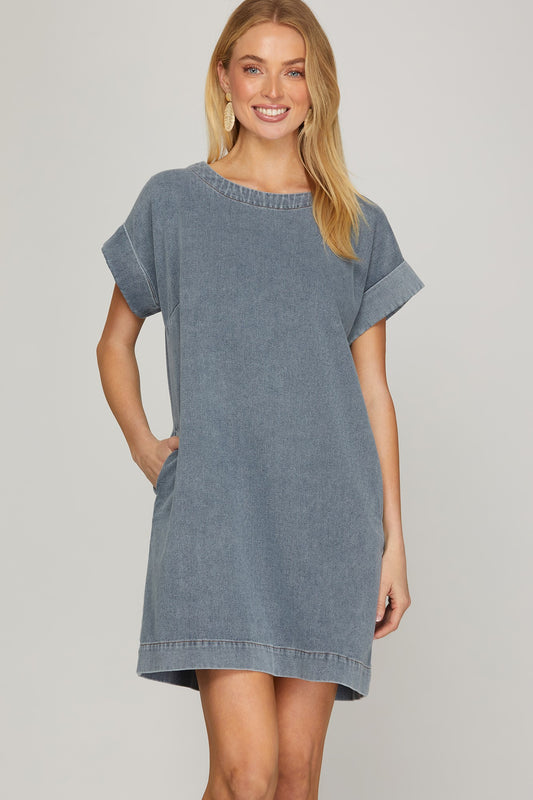 Annette Washed Denim Blue Dress Back Button