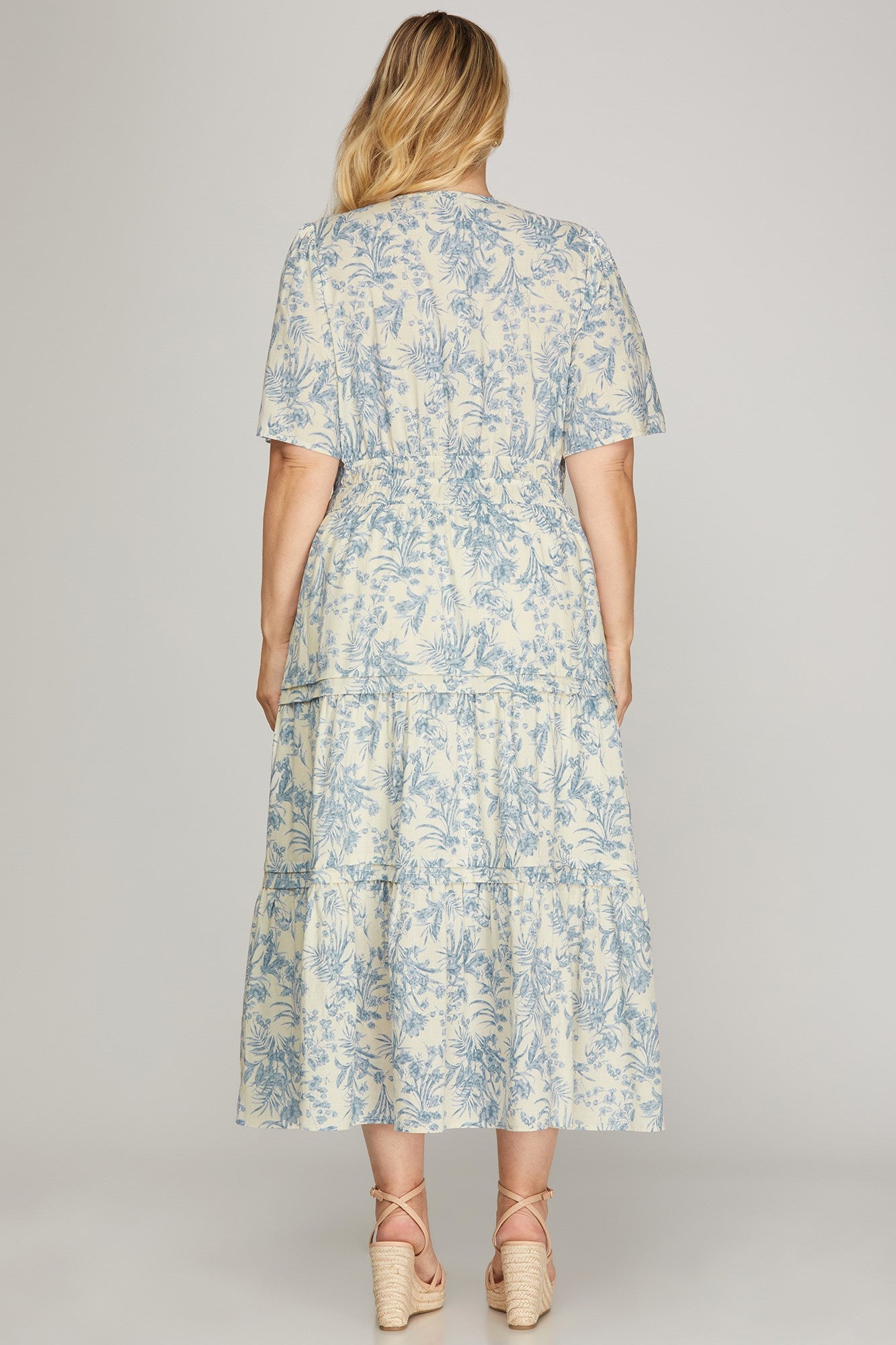 Serenity Short Sleeve Woven V Neck Tiered Midi Dress Blue