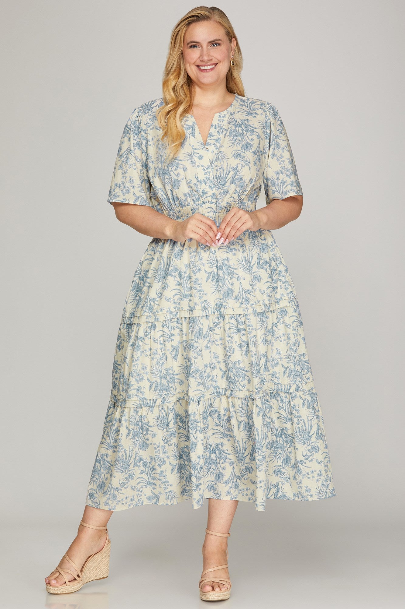 Serenity Short Sleeve Woven V Neck Tiered Midi Dress Blue