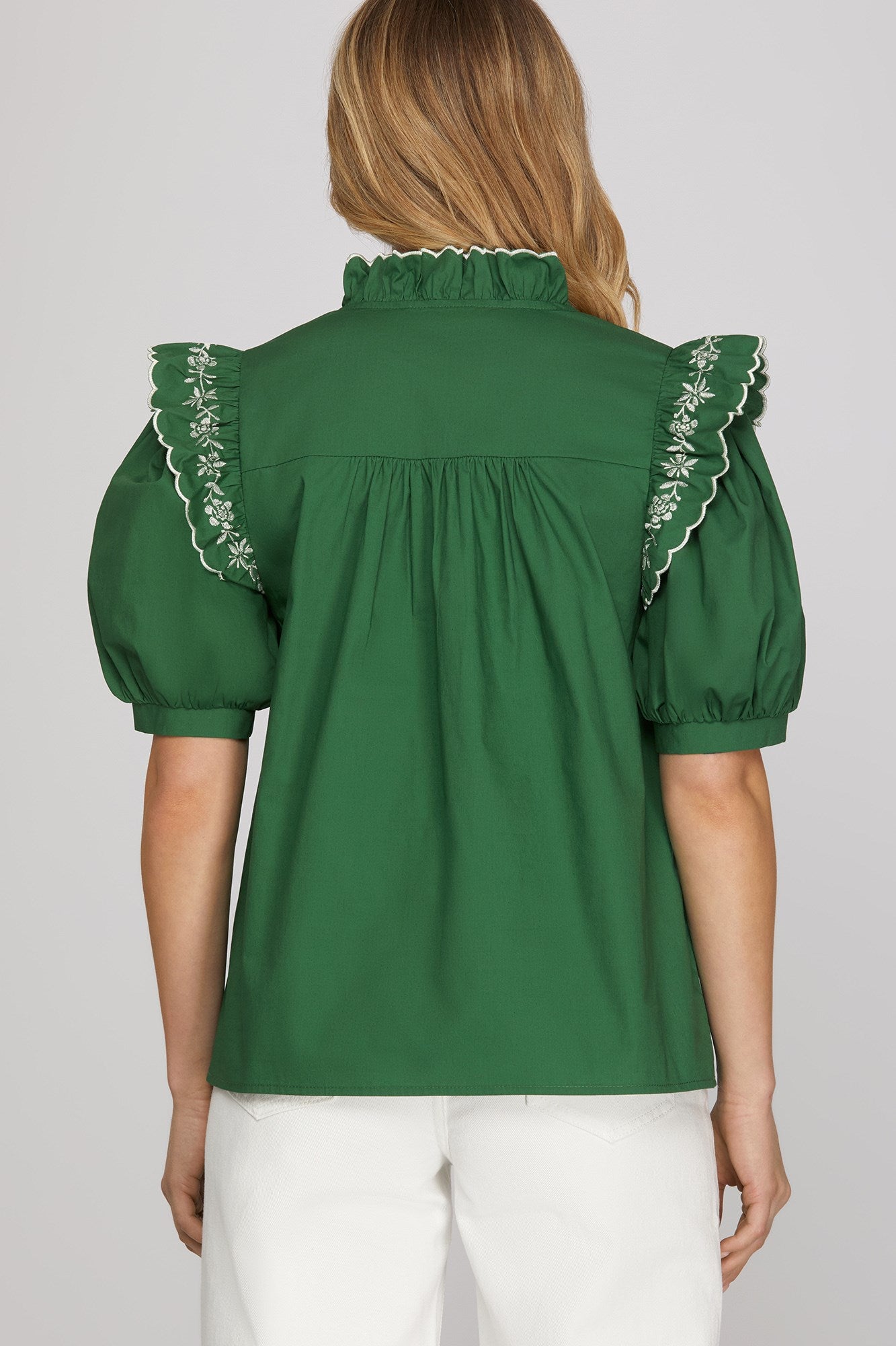 Alina Short Sleeve Embroidered Top Green