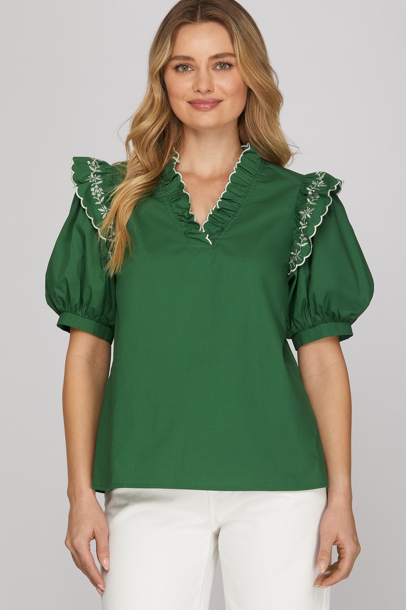 Alina Short Sleeve Embroidered Top Green