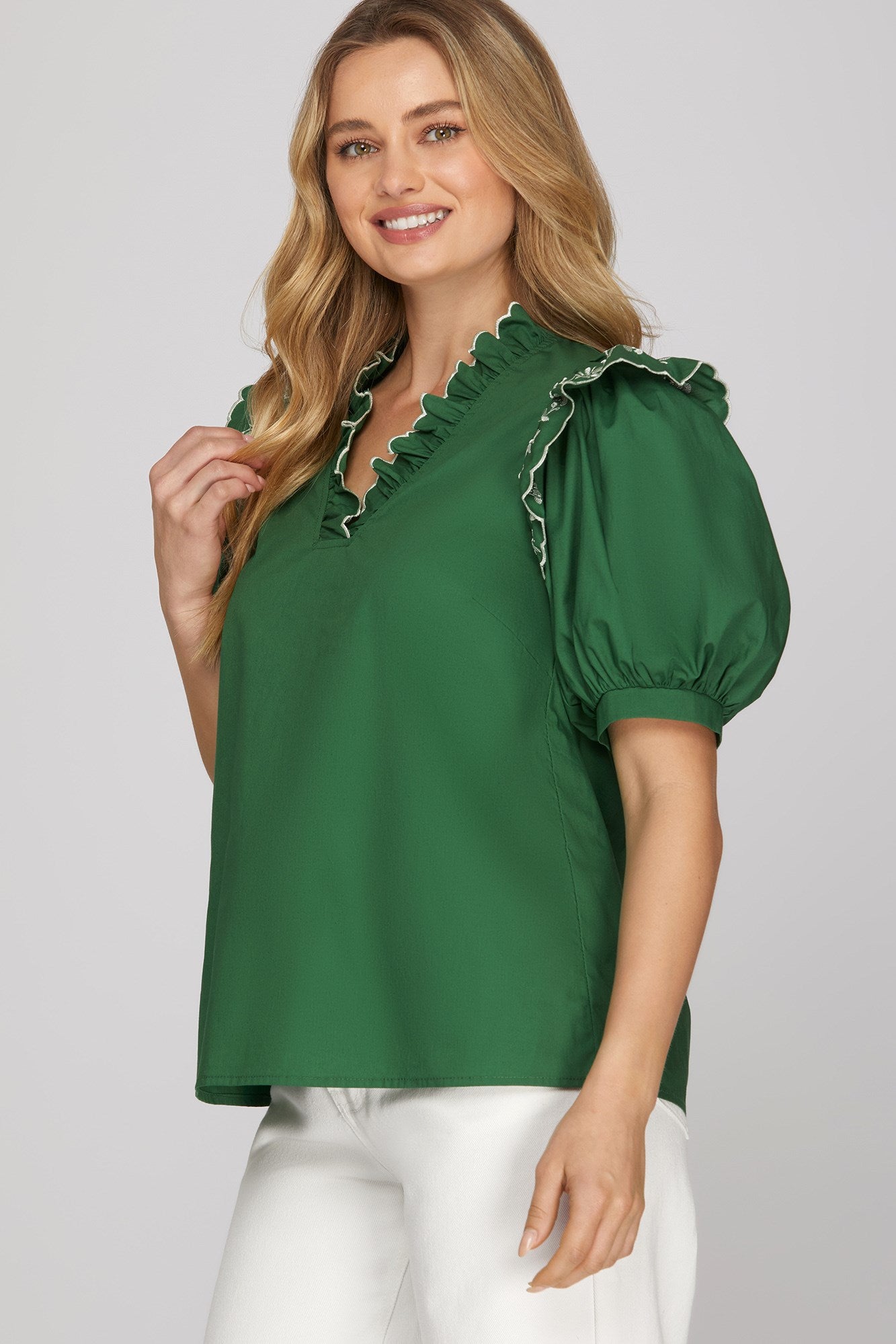 Alina Short Sleeve Embroidered Top Green