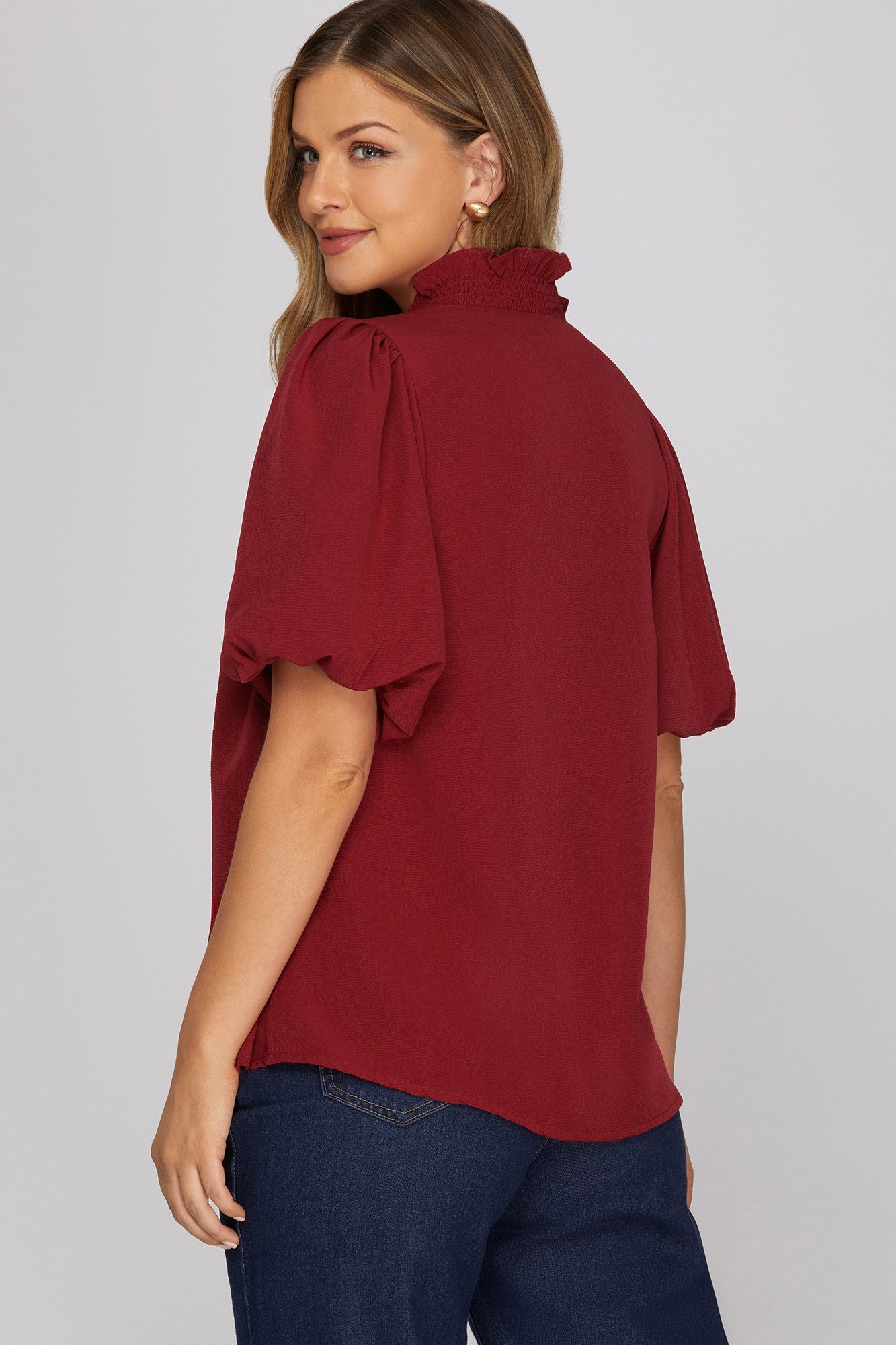 Sarah Short Bubble Sleeve Smocked Neck Top Wine