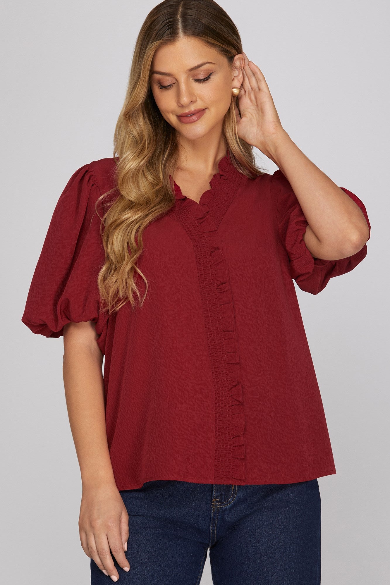 Sarah Short Bubble Sleeve Smocked Neck Top Wine