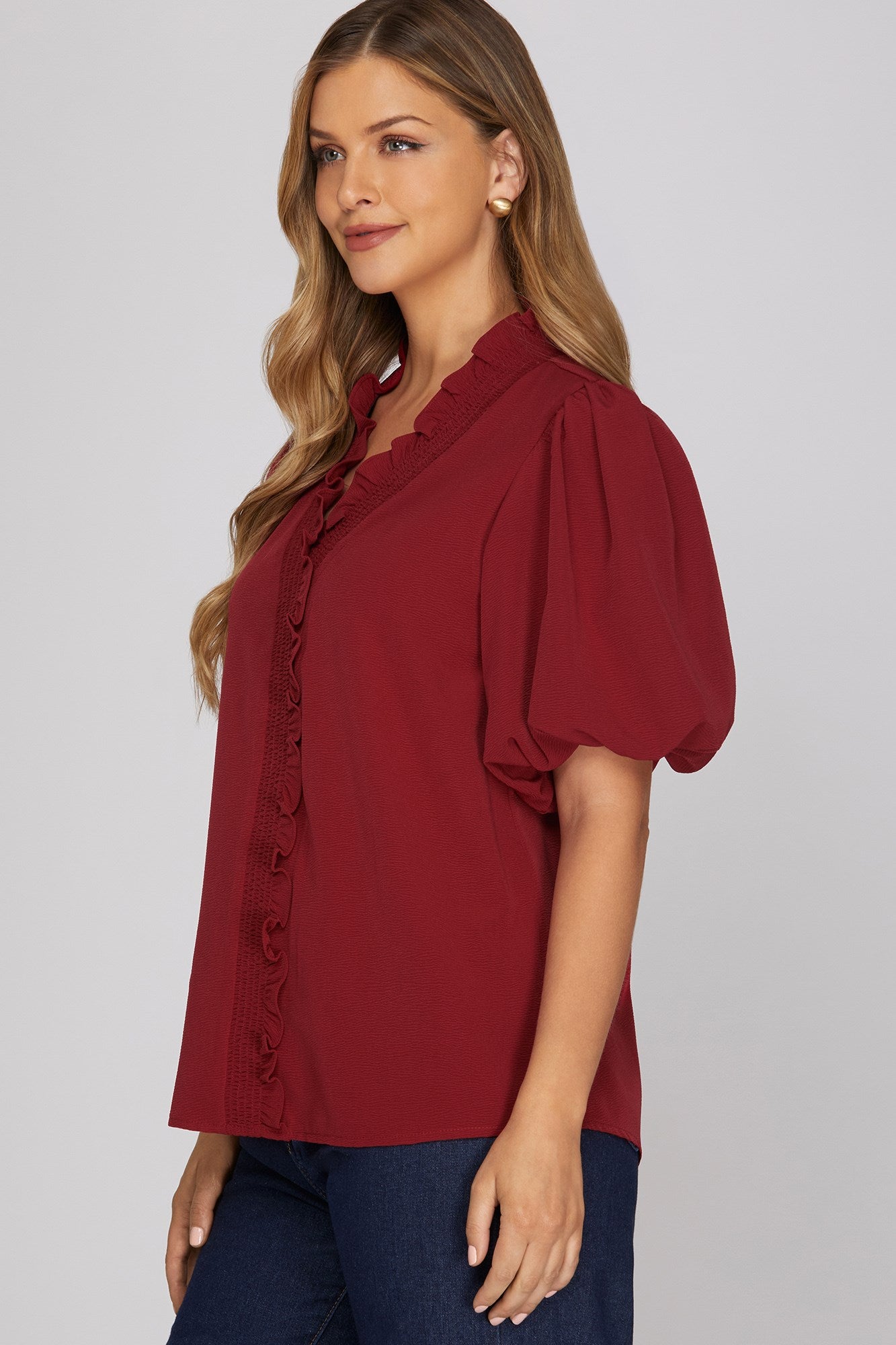Sarah Short Bubble Sleeve Smocked Neck Top Wine