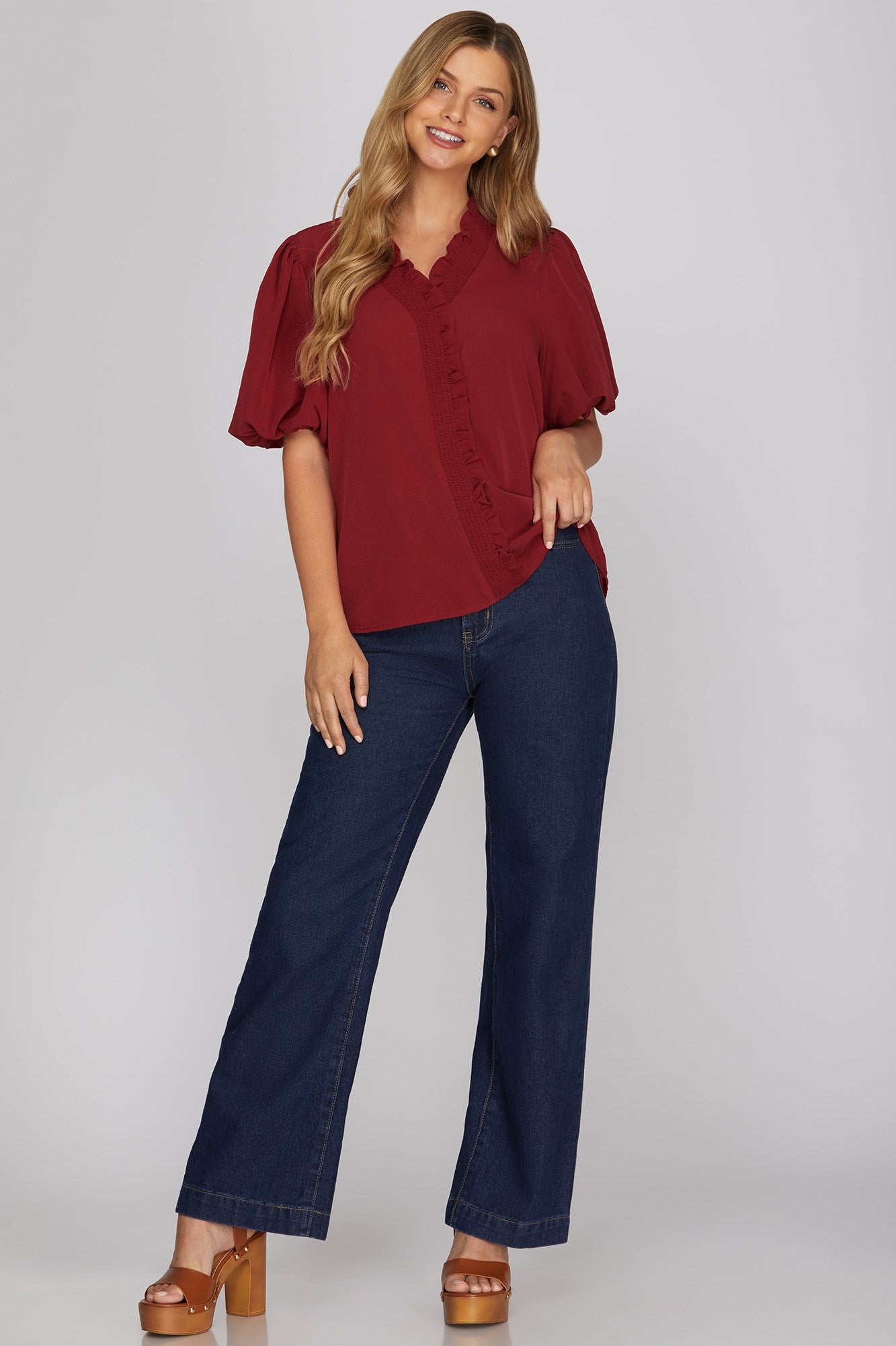 Sarah Short Bubble Sleeve Smocked Neck Top Wine