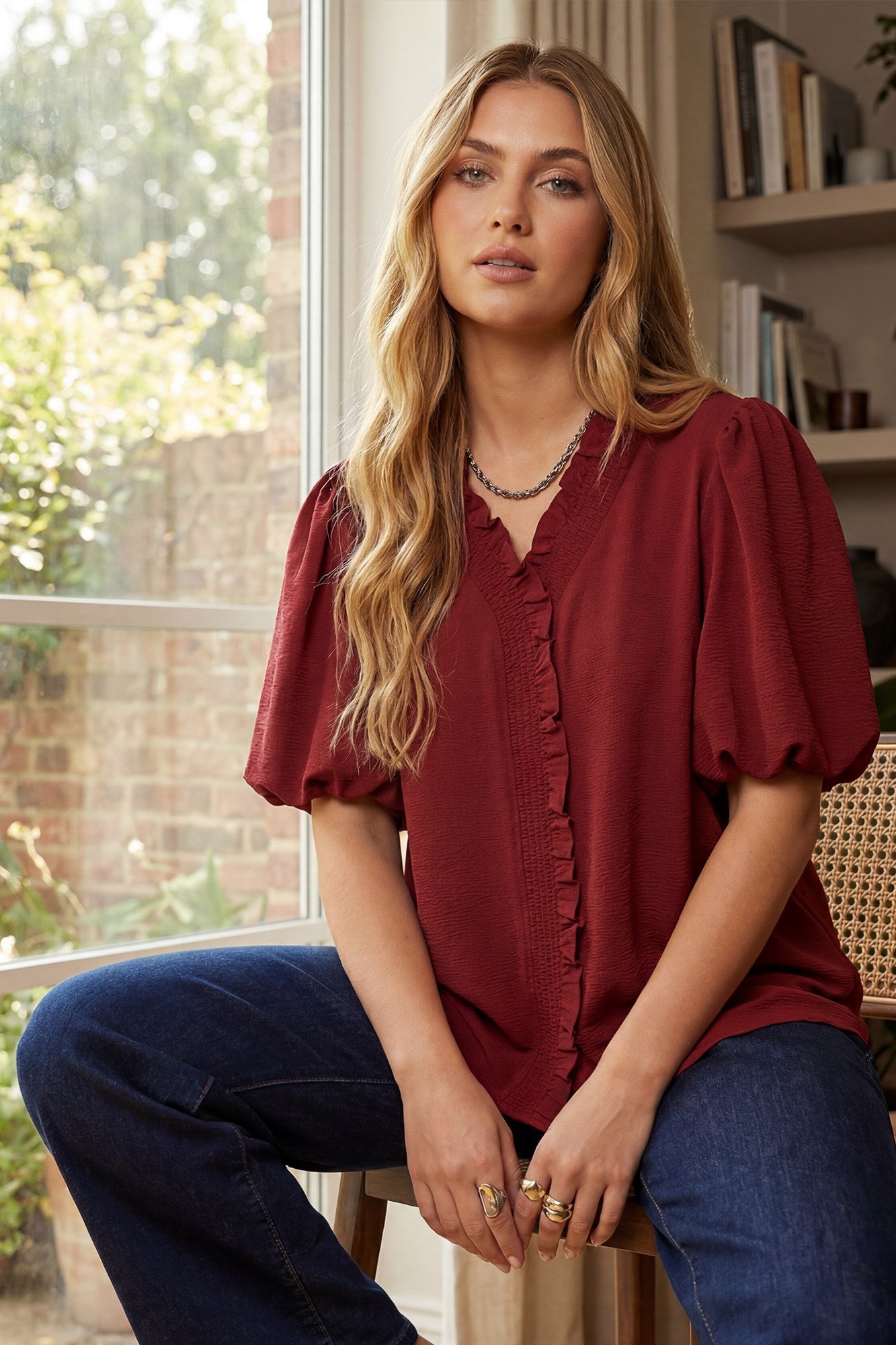 Sarah Short Bubble Sleeve Smocked Neck Top Wine