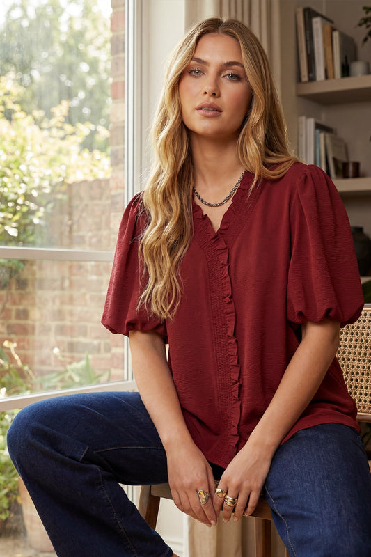 Sarah Short Bubble Sleeve Smocked Neck Top Wine