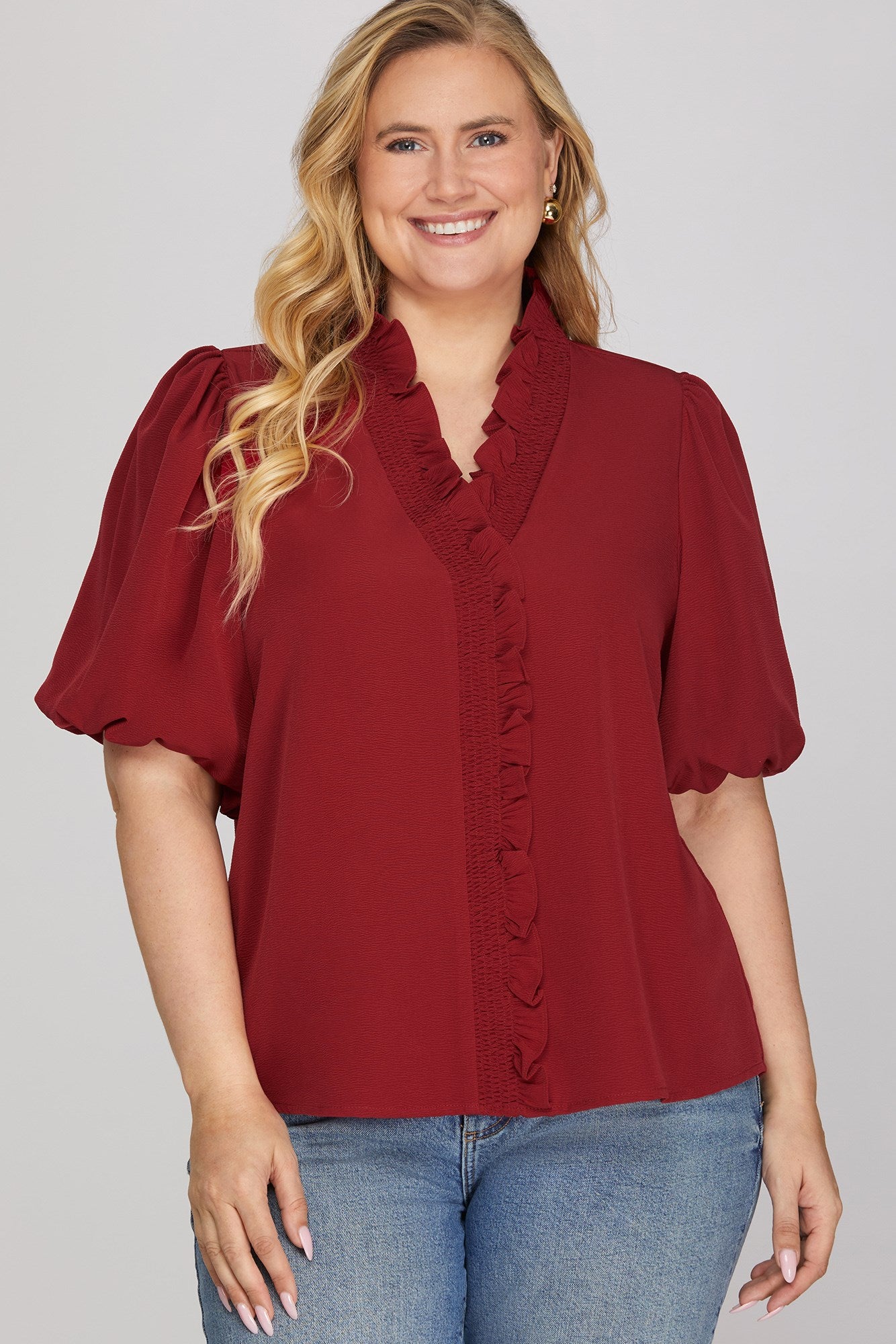 Sarah Short Bubble Sleeve Smocked Neck Top Wine