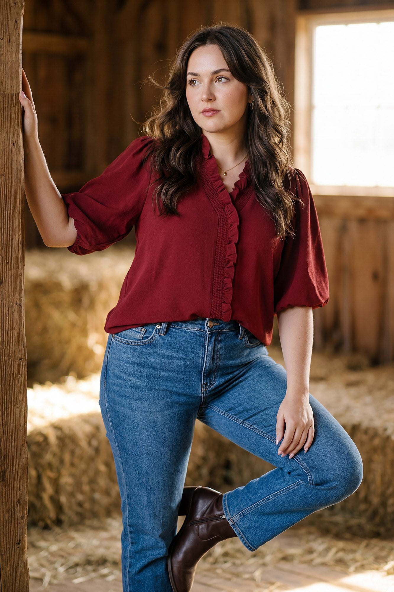Sarah Short Bubble Sleeve Smocked Neck Top Wine