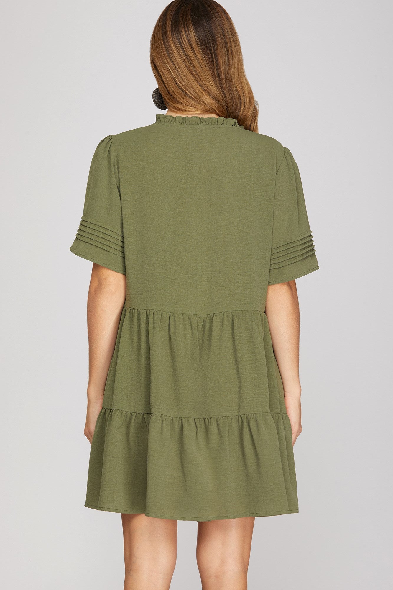 Haley Half Pleated Sleeve Ruffled Detail Tiered Mini Dress Olive