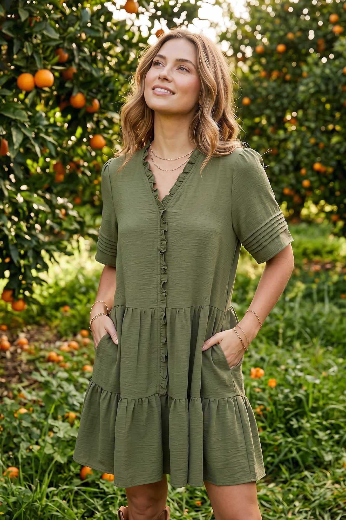 Haley Half Pleated Sleeve Ruffled Detail Tiered Mini Dress Olive