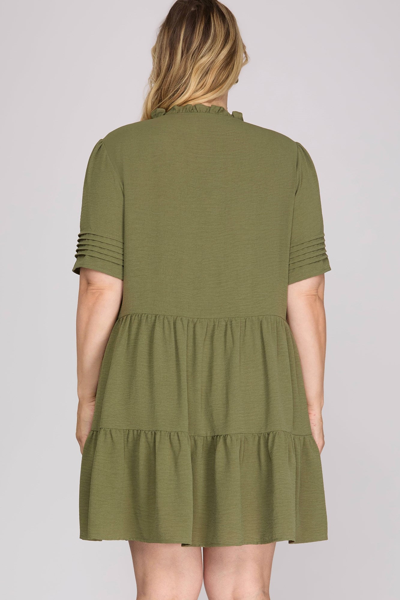 Haley Half Pleated Sleeve Ruffled Detail Tiered Mini Dress Olive