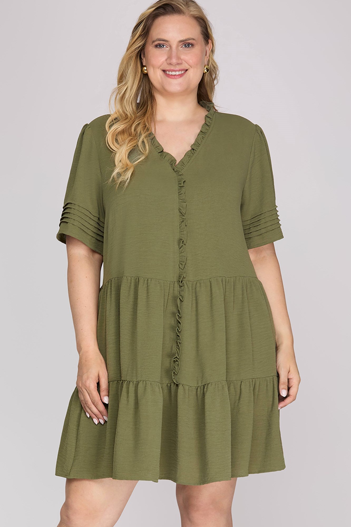 Haley Half Pleated Sleeve Ruffled Detail Tiered Mini Dress Olive