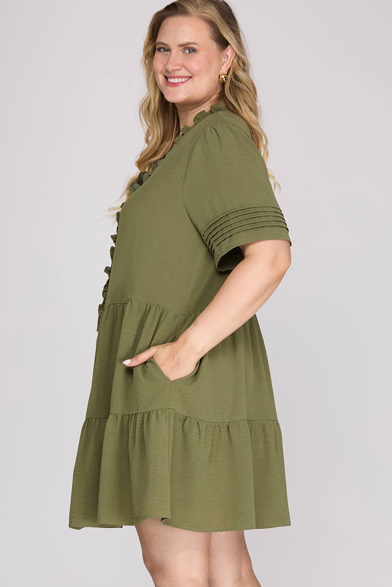 Haley Half Pleated Sleeve Ruffled Detail Tiered Mini Dress Olive