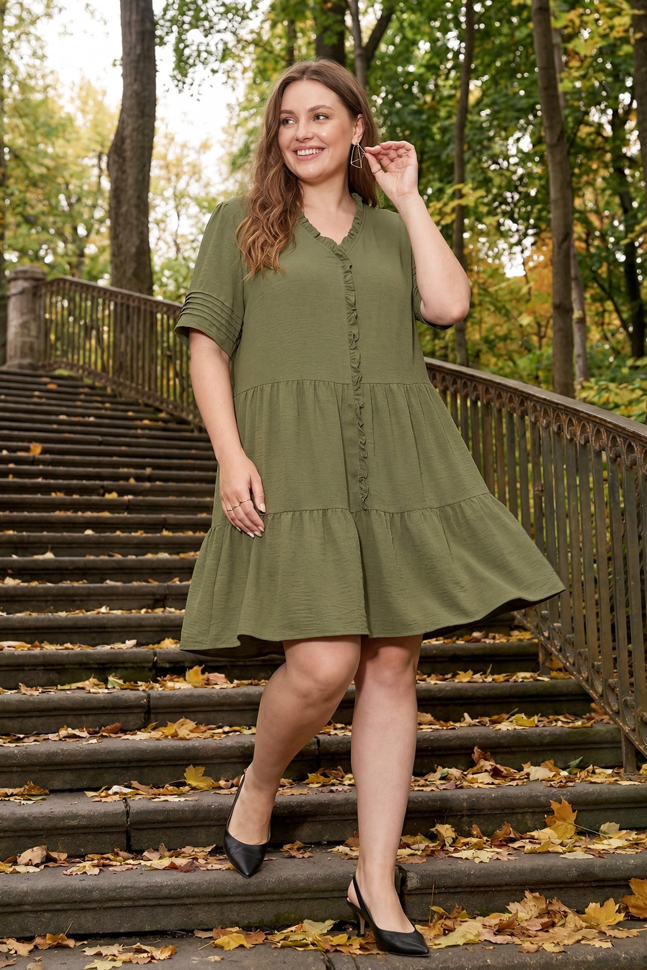 Haley Half Pleated Sleeve Ruffled Detail Tiered Mini Dress Olive
