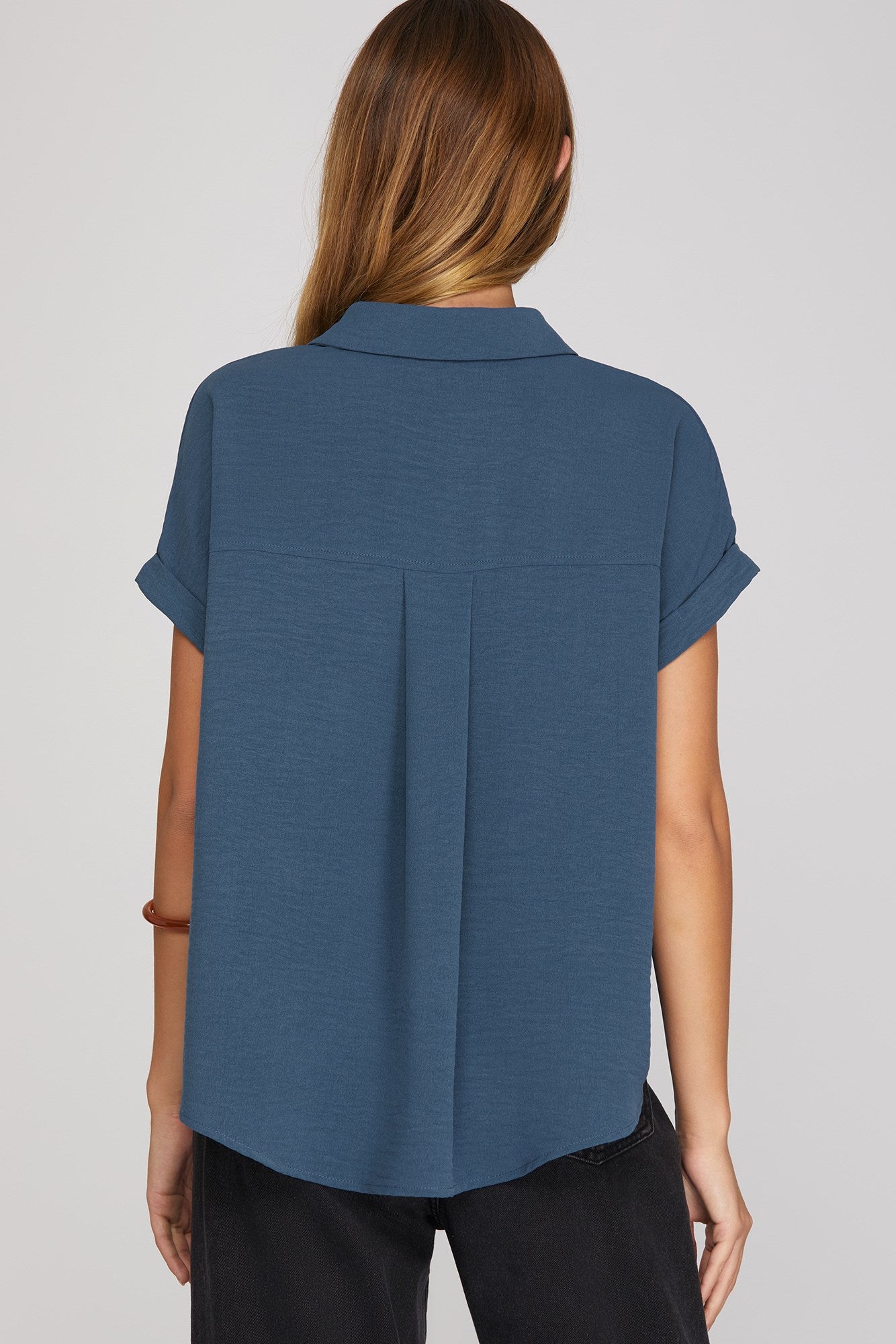 Debbie Drop Shoulder Collared Woven Top Dusty Blue
