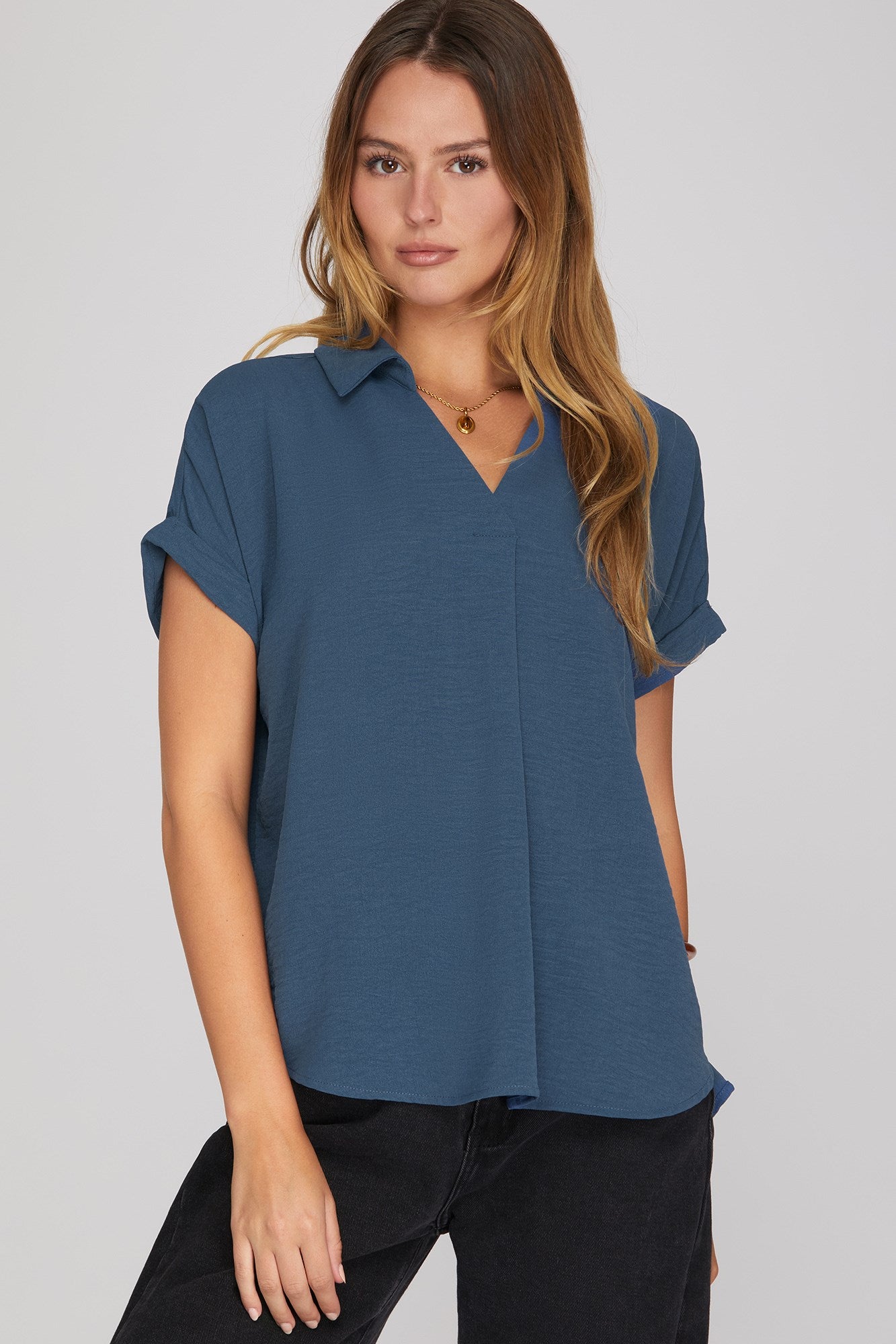 Debbie Drop Shoulder Collared Woven Top Dusty Blue
