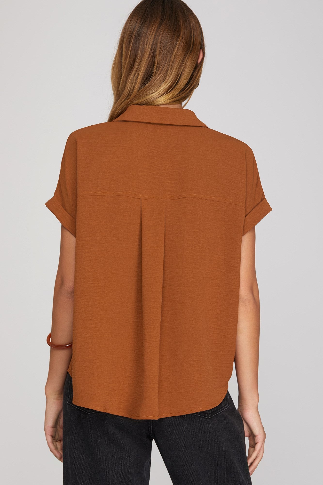 Debbie Drop Shoulder  Collared Woven Top Toffee