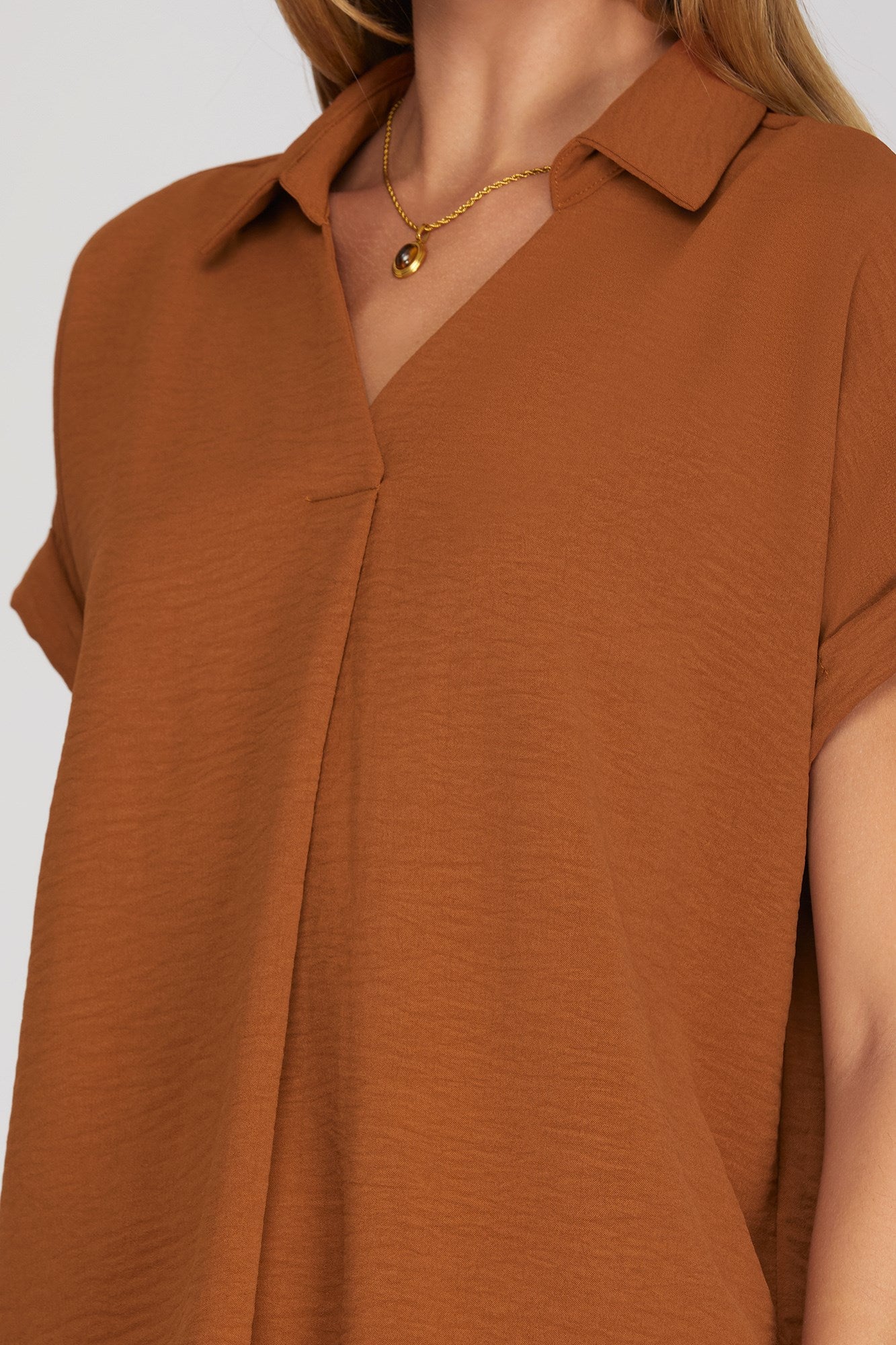 Debbie Drop Shoulder  Collared Woven Top Toffee
