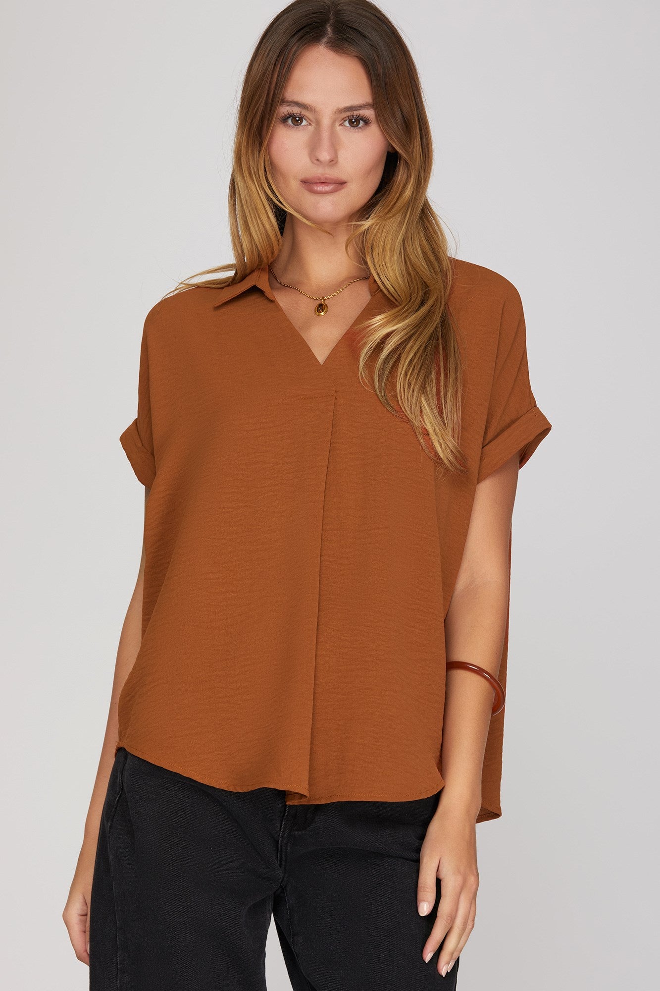 Debbie Drop Shoulder  Collared Woven Top Toffee