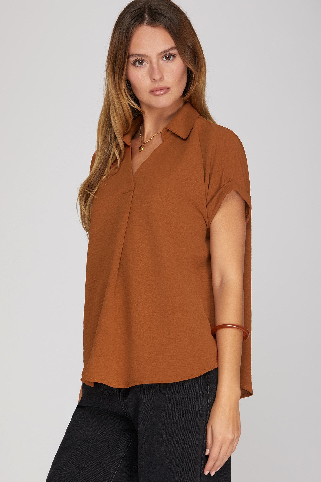 Debbie Drop Shoulder  Collared Woven Top Toffee