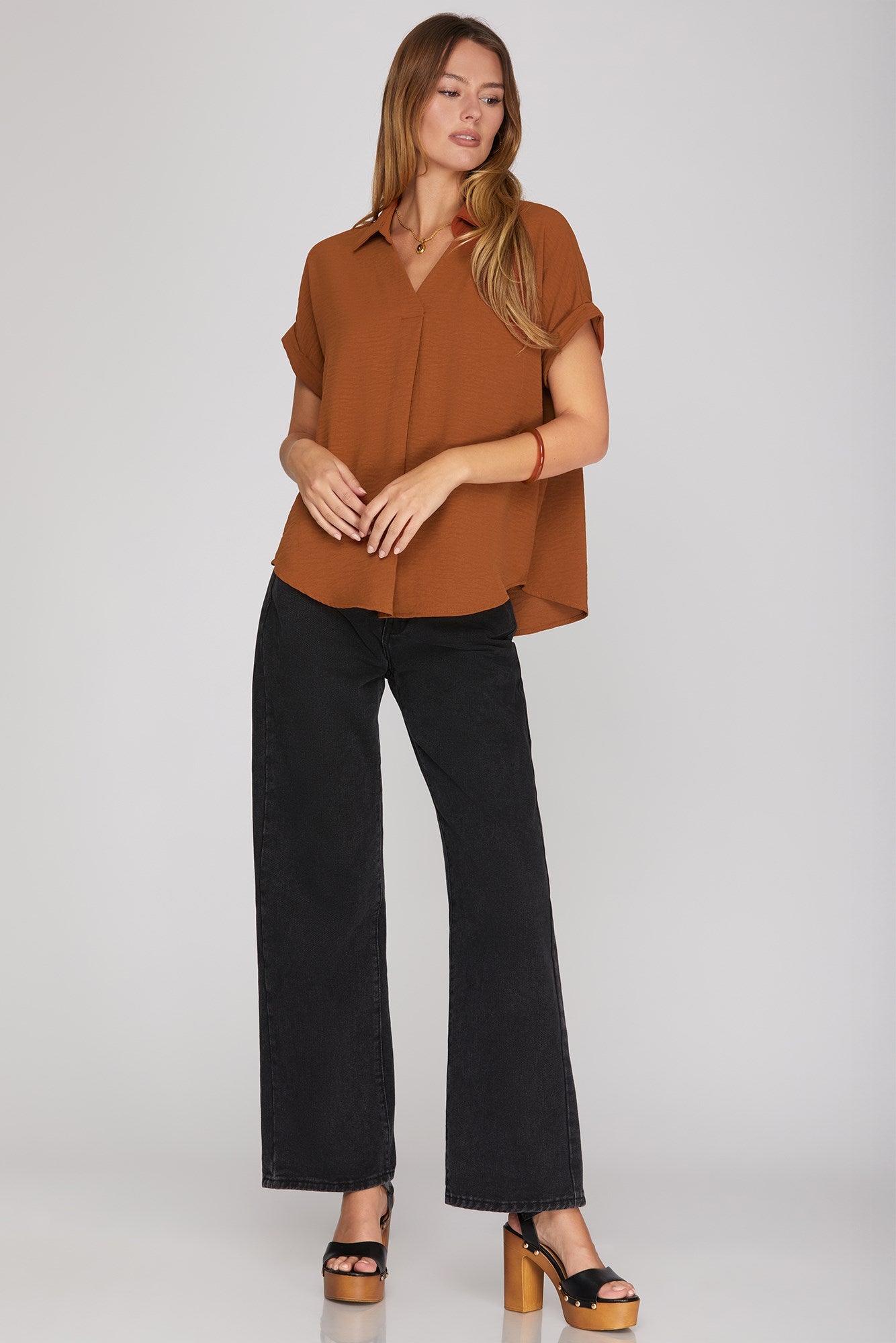 Debbie Drop Shoulder  Collared Woven Top Toffee