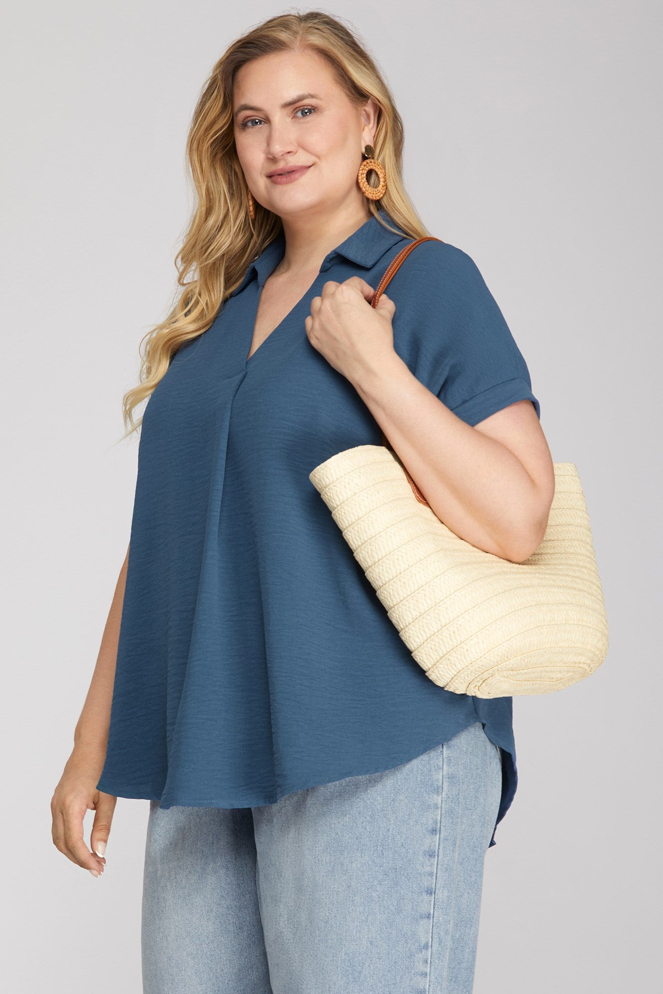 Debbie Drop Shoulder Collared Woven Top Dusty Blue