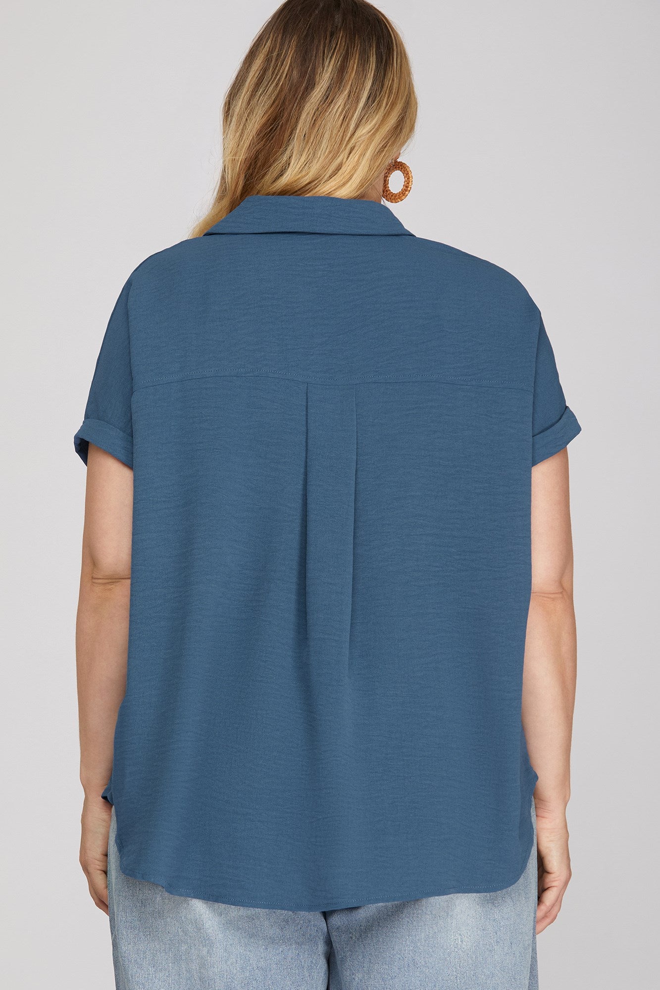 Debbie Drop Shoulder Collared Woven Top Dusty Blue