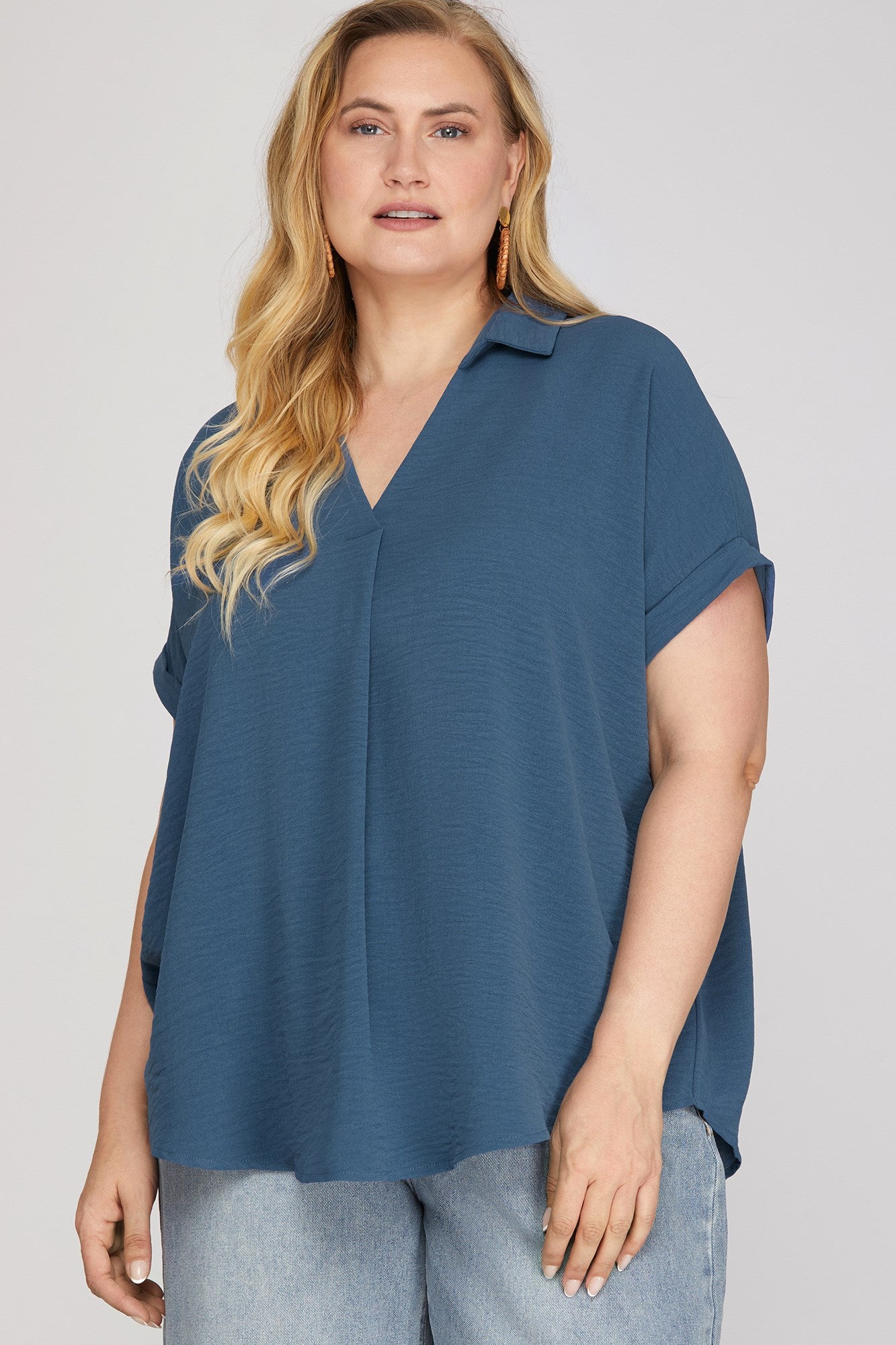 Debbie Drop Shoulder Collared Woven Top Dusty Blue