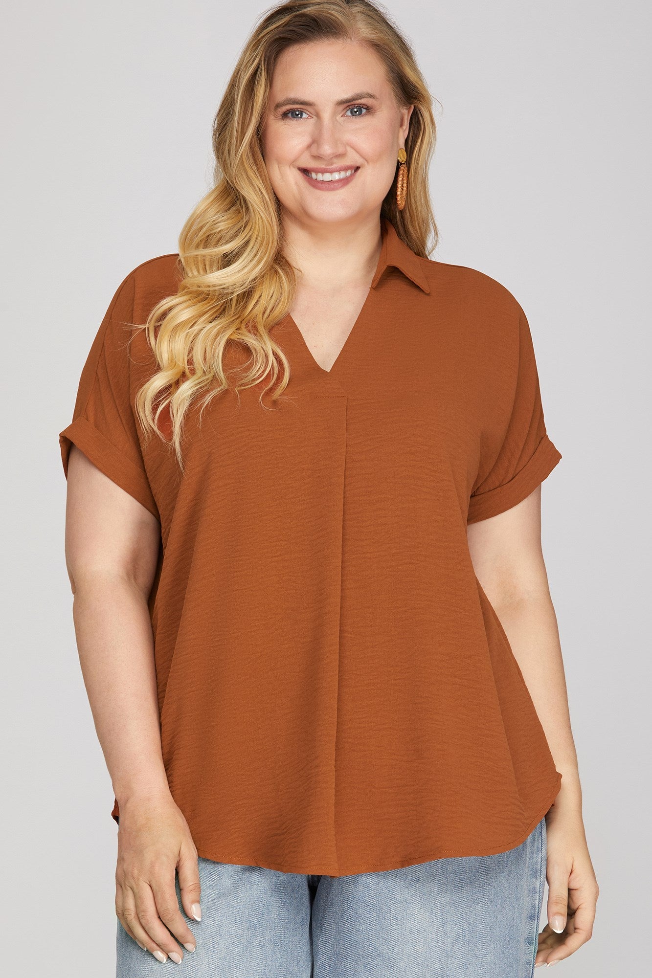 Debbie Drop Shoulder  Collared Woven Top Toffee