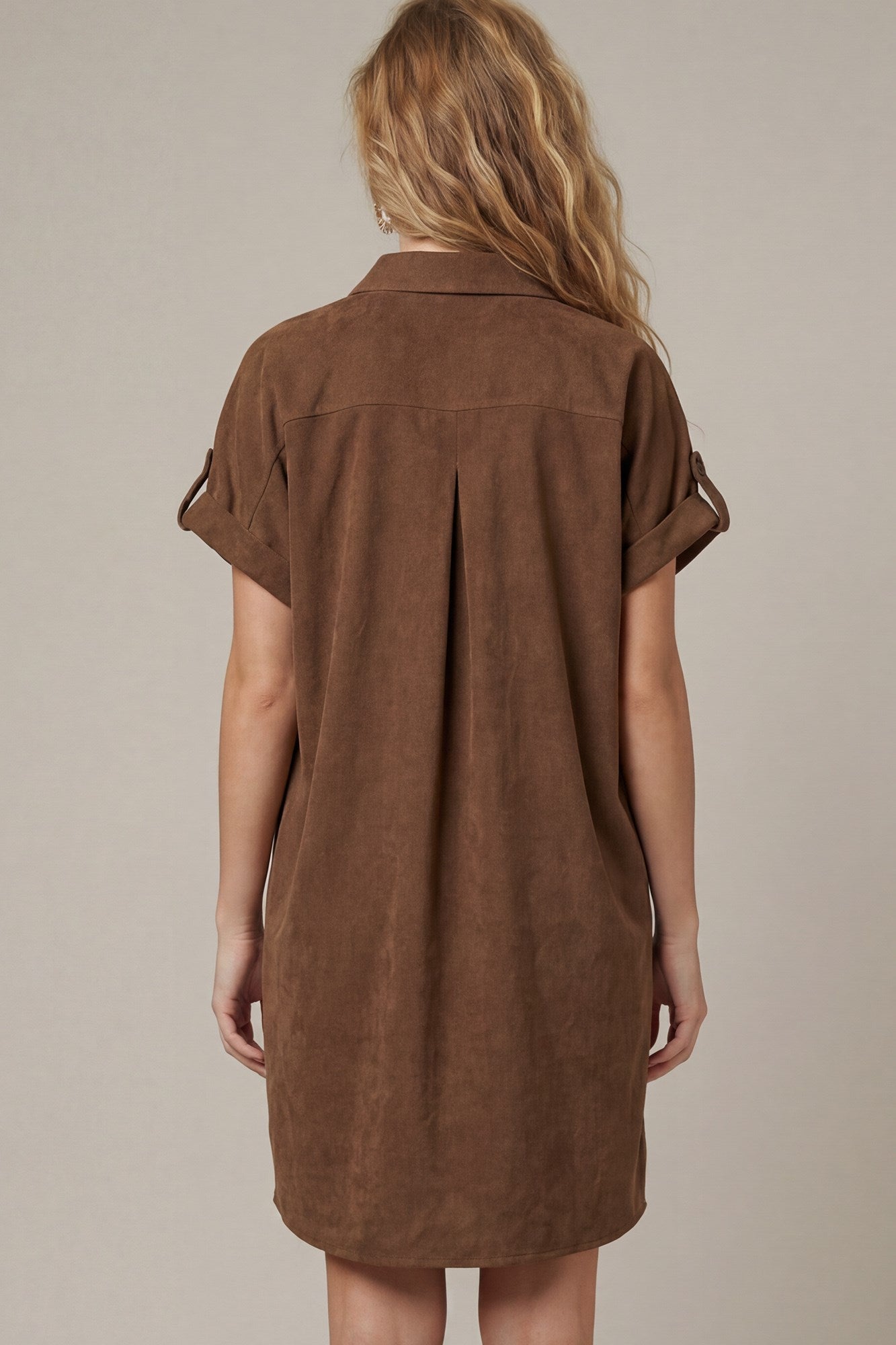 Darlene Drop Shoulder Button Up Suede Shirt Dress Brown