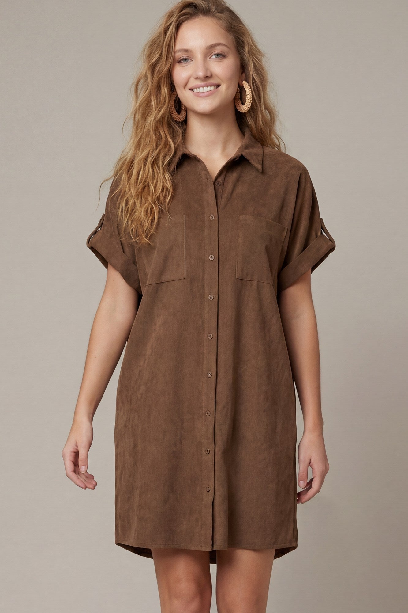 Darlene Drop Shoulder Button Up Suede Shirt Dress Brown