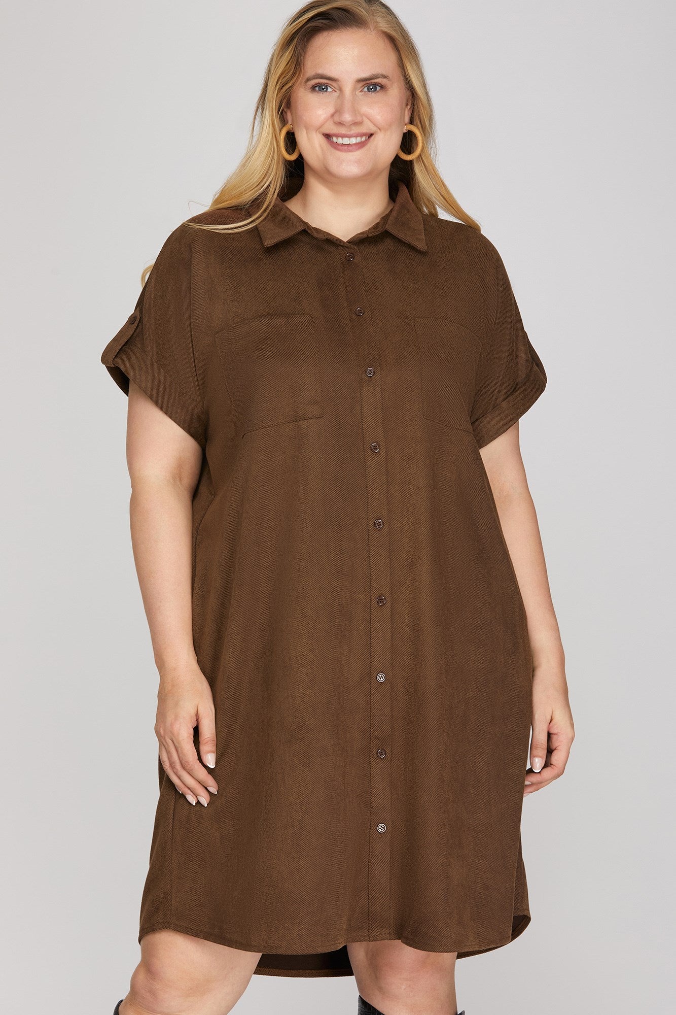 Darlene Drop Shoulder Button Up Suede Shirt Dress Brown