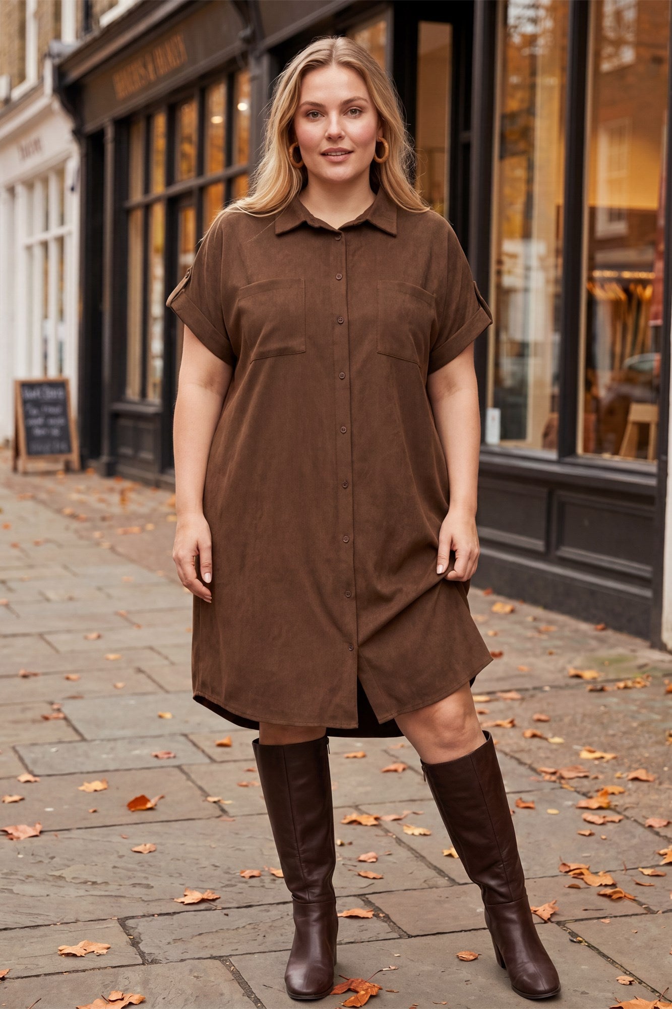 Darlene Drop Shoulder Button Up Suede Shirt Dress Brown