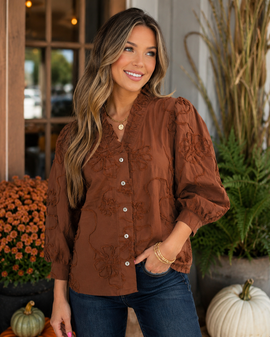 Bobbi Button Down 3D Floral Top Brown