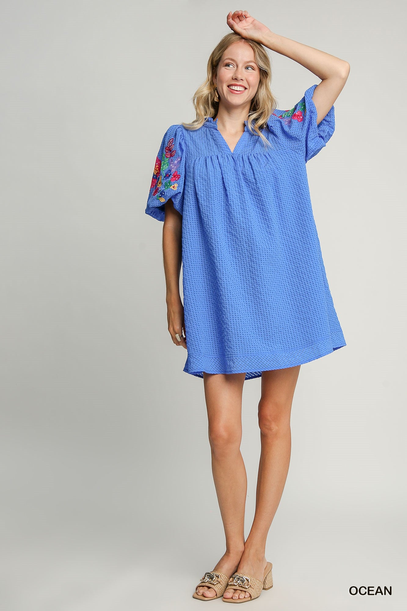 Elaina Embroidery Sleeve Dress Ocean